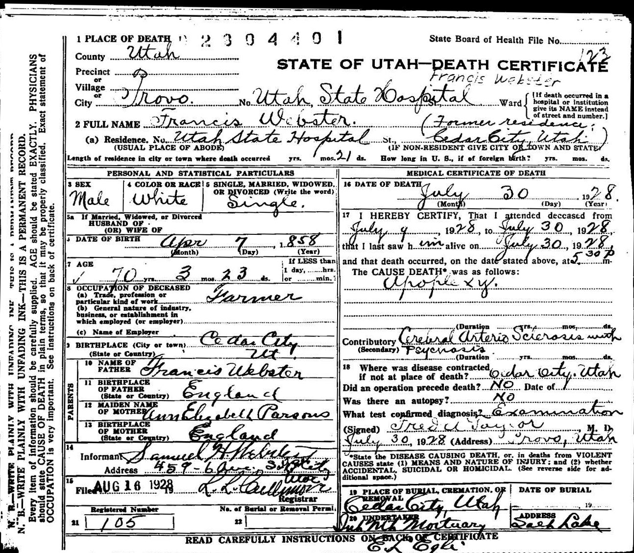 Francis Webster death 
      certificate